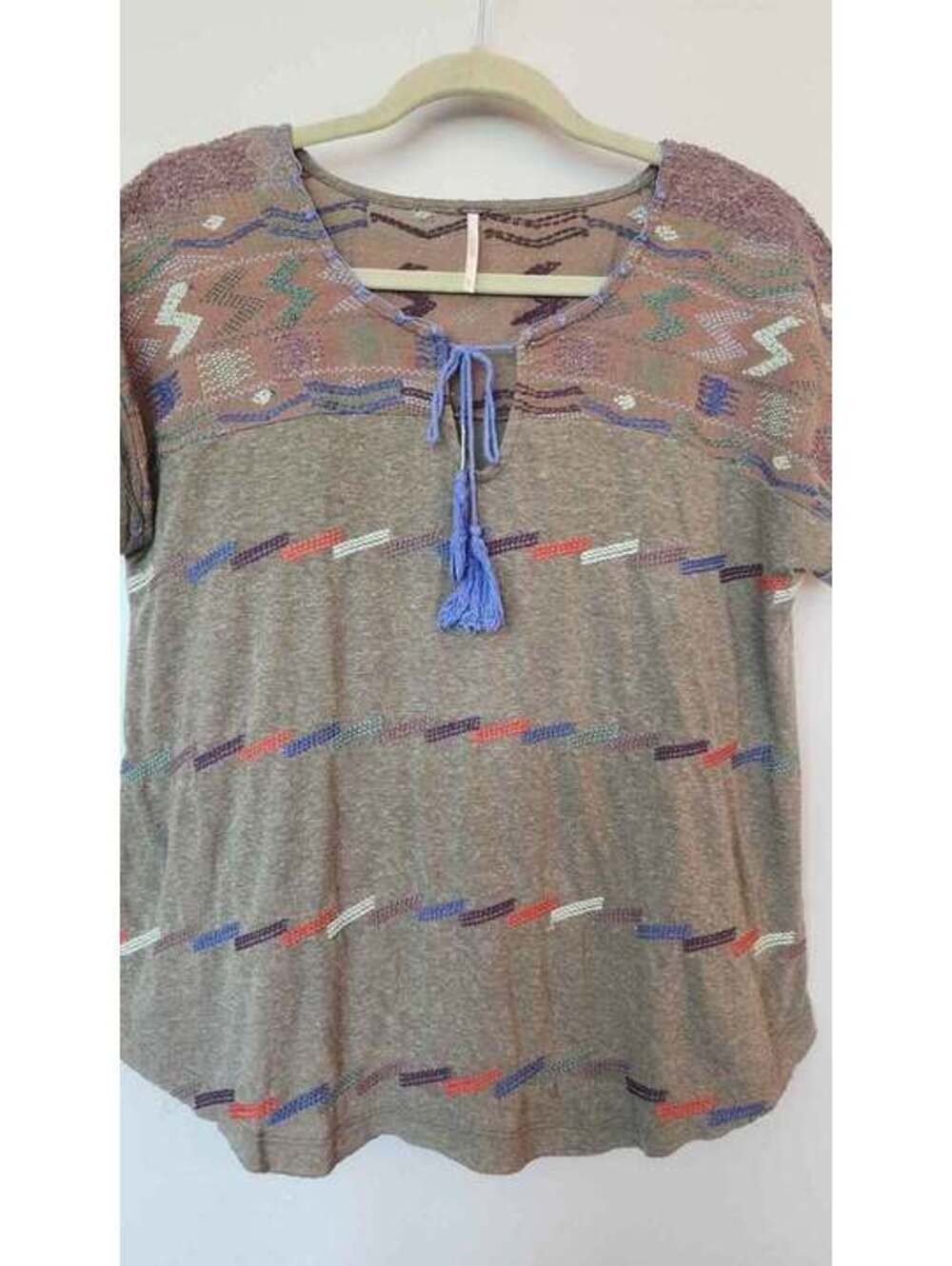 Free People Embroidered Cotton/Linen Tassel Tie Womens Top Size S/P